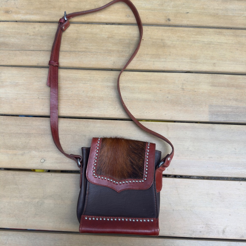 American West Leather Cowhide Studded Crossbody Bag Brown Cognac Western Handbag